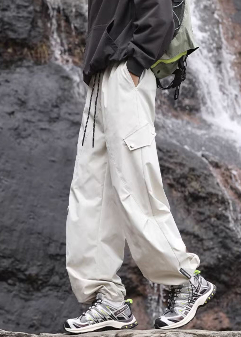 Pockets Navy Casual Lace Waist Elastic Pants Mens Up Cotton