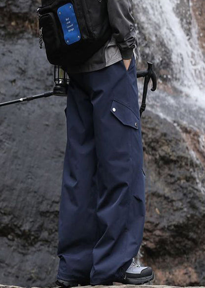 Pockets Navy Casual Lace Waist Elastic Pants Mens Up Cotton