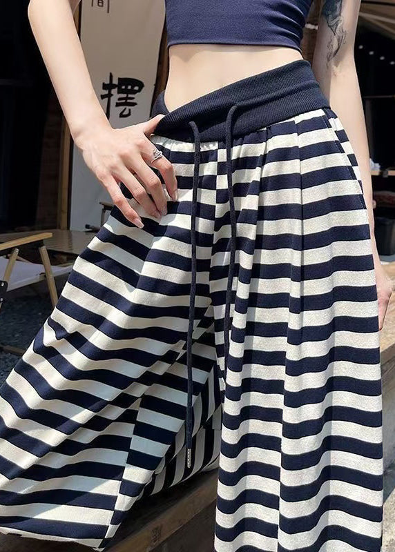 Striped Navy Cotton Elastic Pants Leg Waist Fall Casual Wide
