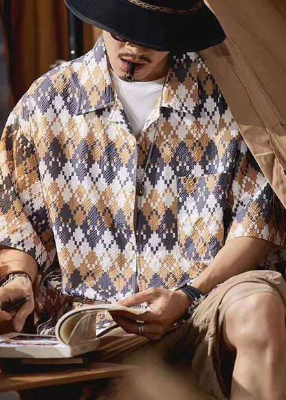 Casual Peter Pan Collar Print Cotton Mens Shirts Short Sleeve HG025