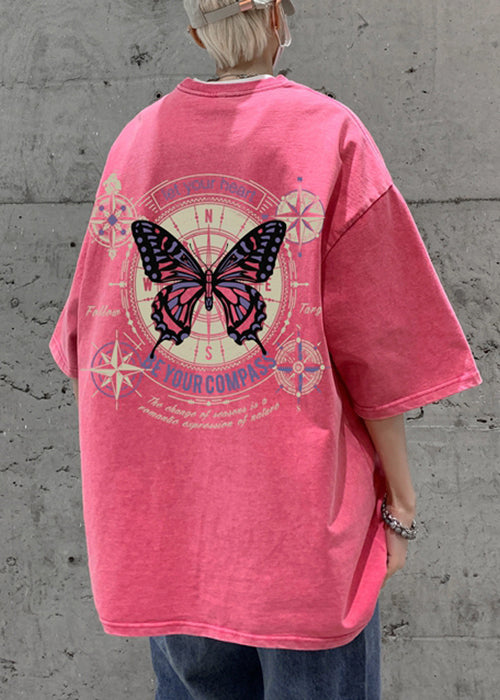 Half T Butterfly Casual Men Cotton Print Shirt Pink Oversized