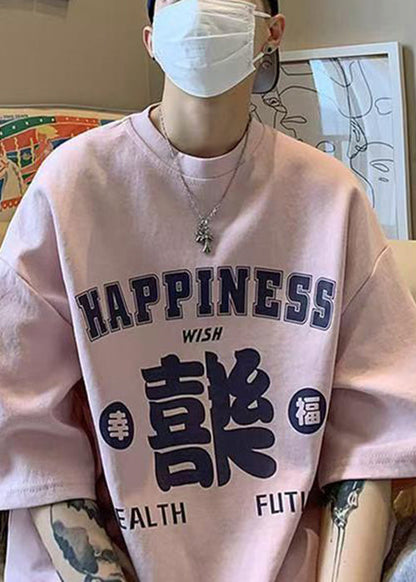 Print Sleeve Neck Casual O Pink Cotton Half Men Shirts T