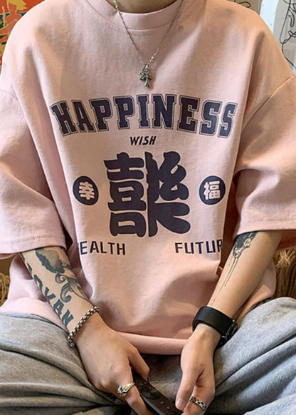 Print Sleeve Neck Casual O Pink Cotton Half Men Shirts T