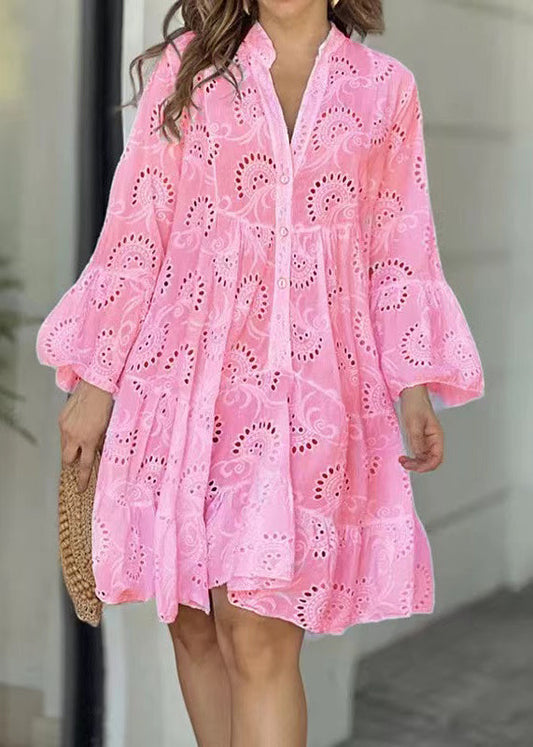 Cotton Dress Summer Oversized Sun Pink Hollow Out Casual