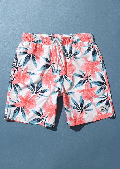Waist Elastic Print Casual Summer Pockets Cotton Shorts Mens Pink