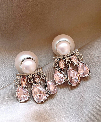 Casual Pink Sterling Silver Inlaid Crystal Pearl Tassel Stud Earrings QQ021