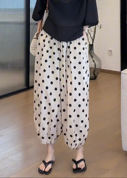 Elastic Pants Waist Lantern Casual Dot Print Pockets Cotton