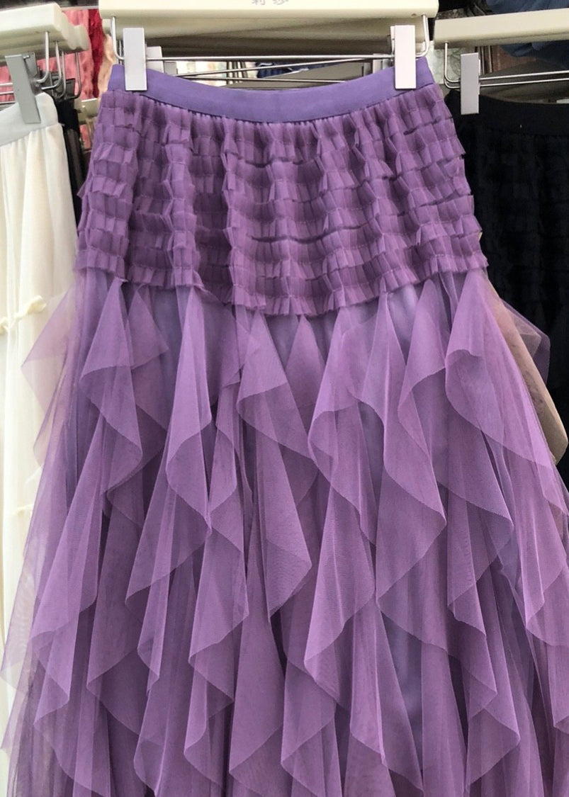 Waist Purple Casual Asymmetrical Elastic A Line Tulle Patchwork
