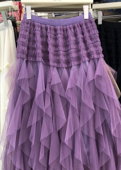 Waist Purple Casual Asymmetrical Elastic A Line Tulle Patchwork