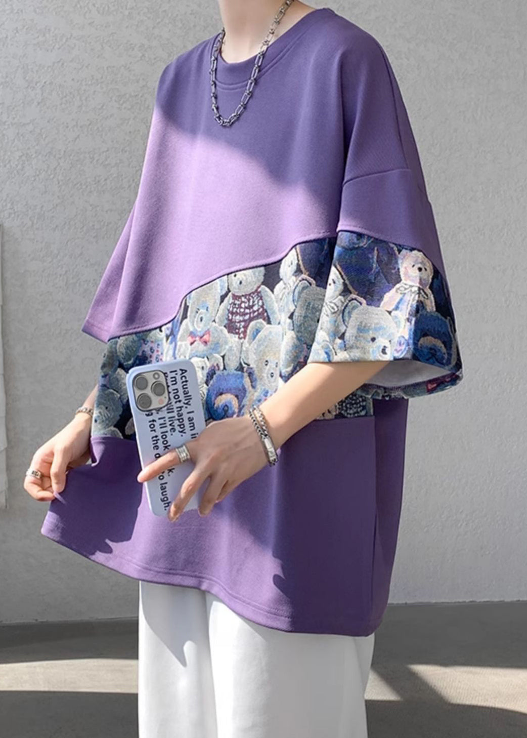 Men Neck Cotton O T Summer Purple Patchwork Shirt Casual