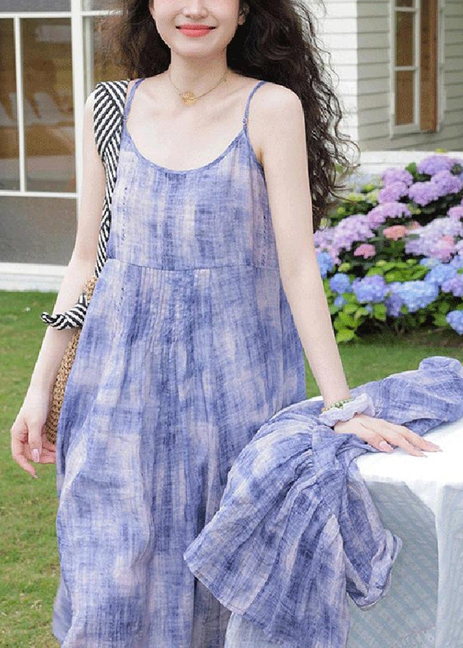 Casual Two Tie Strap Spaghetti Dress And Dye Cardigans Purple