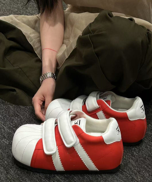 Shoes Cowhide Casual Leather Flat Splicing Buckle Strap Red