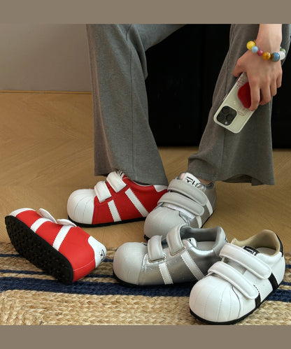 Shoes Cowhide Casual Leather Flat Splicing Buckle Strap Red