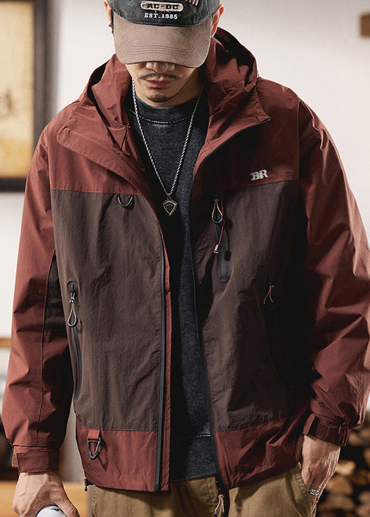 Zippered Spring Red Cotton Patchwork Coat Hooded Men Casual