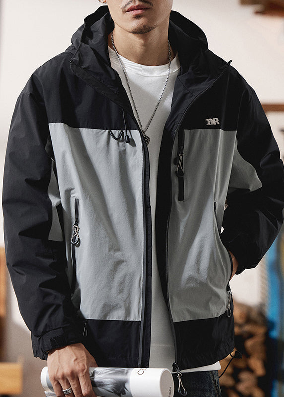 Zippered Spring Red Cotton Patchwork Coat Hooded Men Casual