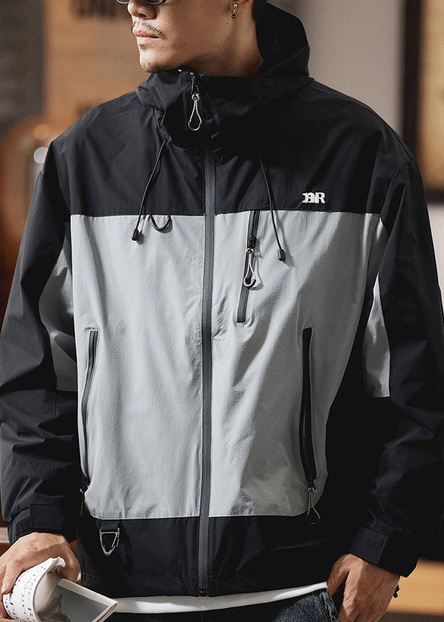 Zippered Spring Red Cotton Patchwork Coat Hooded Men Casual