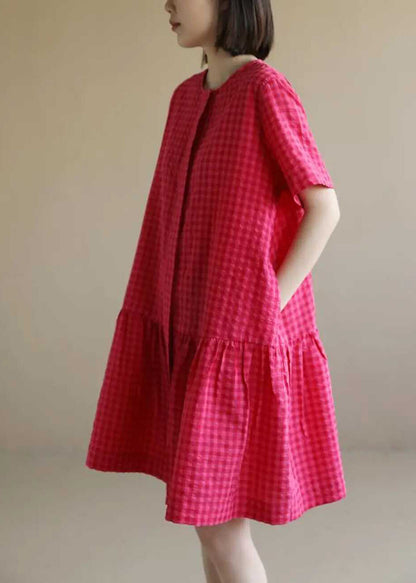 Red Dresses Mid Summer Plaid Cotton O Casual Neck