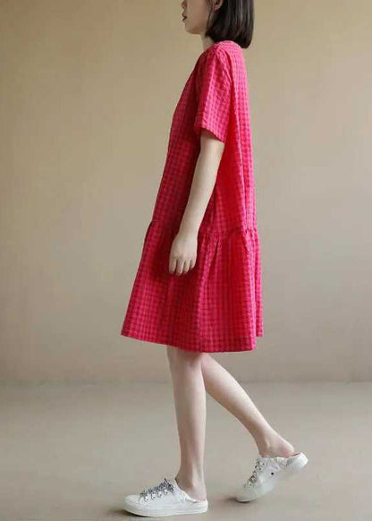 Red Dresses Mid Summer Plaid Cotton O Casual Neck