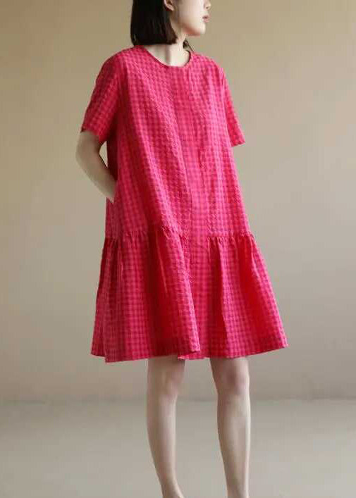 Red Dresses Mid Summer Plaid Cotton O Casual Neck