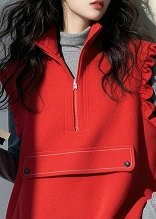 Casual Red Ruffled Zippered Patchwork Cotton Vest Top Sleeveless TN029