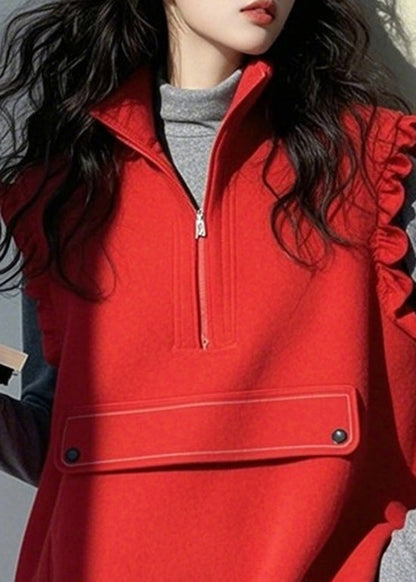 Casual Red Ruffled Zippered Patchwork Cotton Vest Top Sleeveless TN029