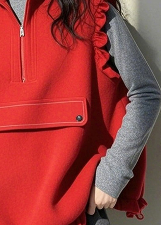Casual Red Ruffled Zippered Patchwork Cotton Vest Top Sleeveless TN029
