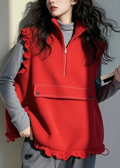 Casual Red Ruffled Zippered Patchwork Cotton Vest Top Sleeveless TN029