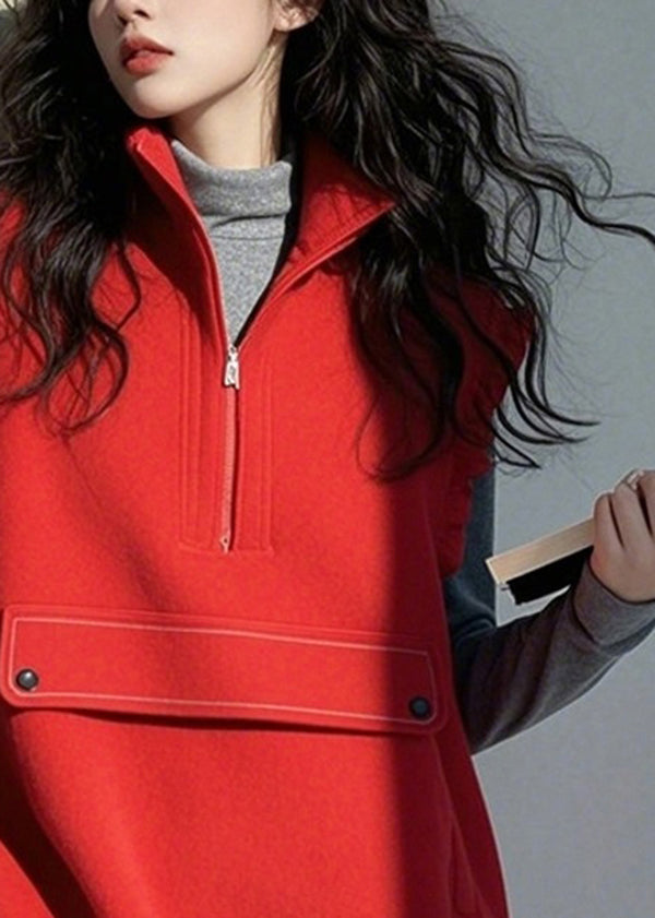 Casual Red Ruffled Zippered Patchwork Cotton Vest Top Sleeveless TN029