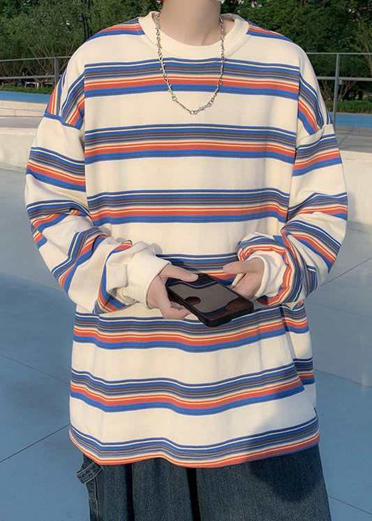 Shirt Casual Striped Men T O-Neck Spring Red Cotton