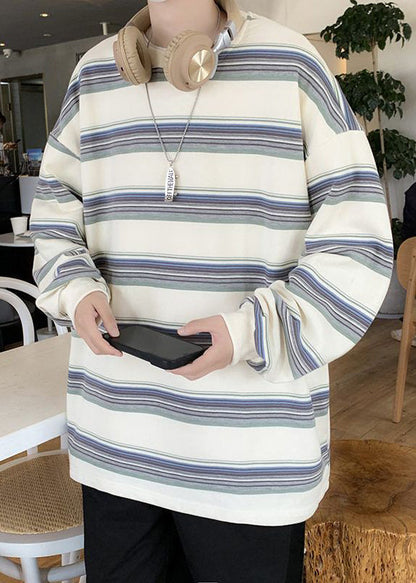 Shirt Casual Striped Men T O-Neck Spring Red Cotton