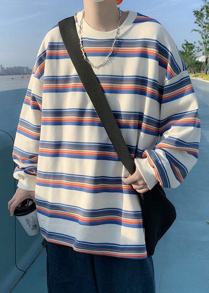 Shirt Casual Striped Men T O-Neck Spring Red Cotton