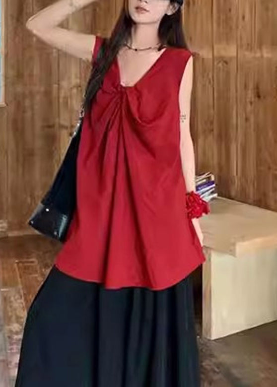 Red Wrinkled Neck Casual Sleeveless V Top