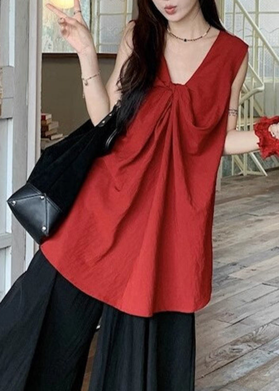 Red Wrinkled Neck Casual Sleeveless V Top