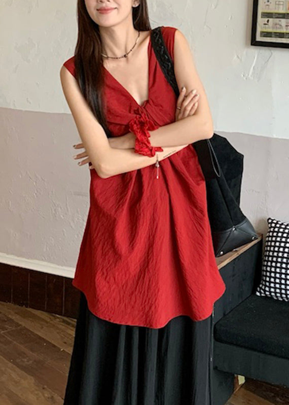 Red Wrinkled Neck Casual Sleeveless V Top