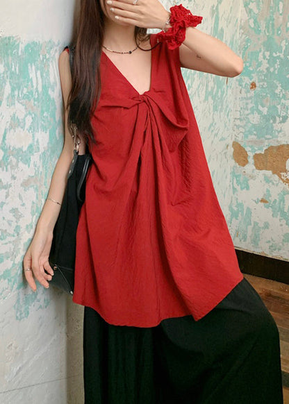 Red Wrinkled Neck Casual Sleeveless V Top