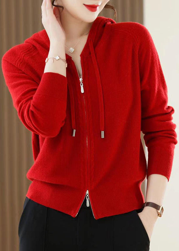 Casual Red Zip Up Wool Knit Hooded Cardigans Spring YY027
