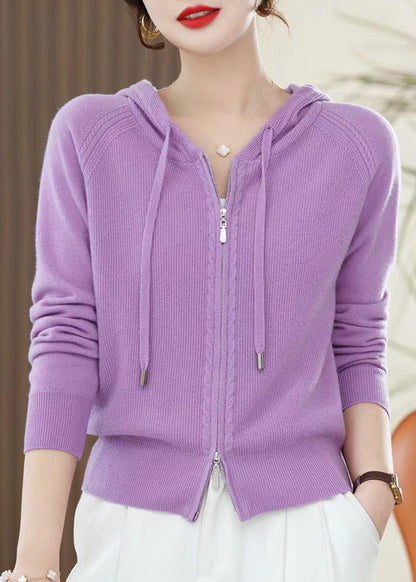 Casual Red Zip Up Wool Knit Hooded Cardigans Spring YY027