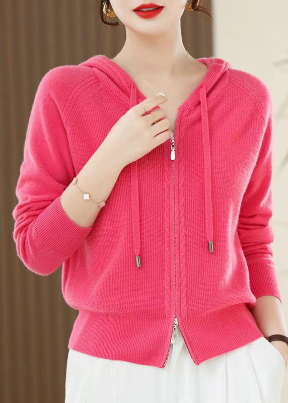 Casual Red Zip Up Wool Knit Hooded Cardigans Spring YY027