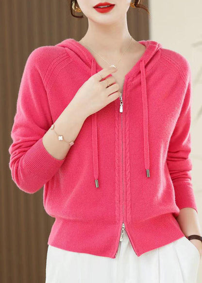 Casual Red Zip Up Wool Knit Hooded Cardigans Spring YY027
