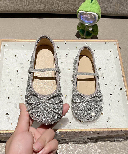 Casual Silvery Up Girls Flat Shoes Lace Bow