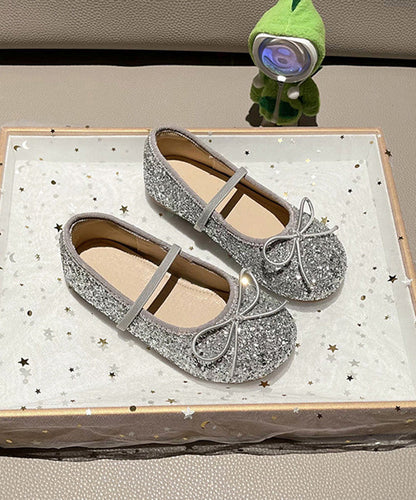Casual Silvery Up Girls Flat Shoes Lace Bow