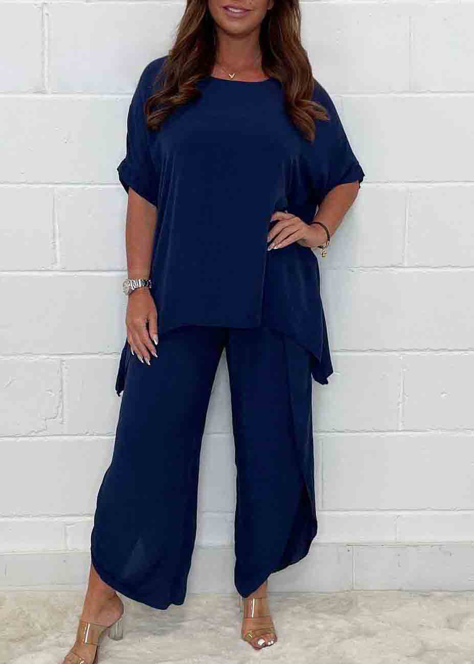 Oversized Two Color Side Open Casual Pieces Set Linen Solid