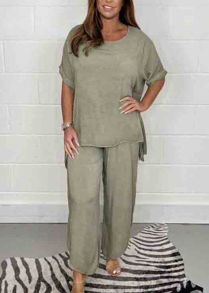 Oversized Two Color Side Open Casual Pieces Set Linen Solid