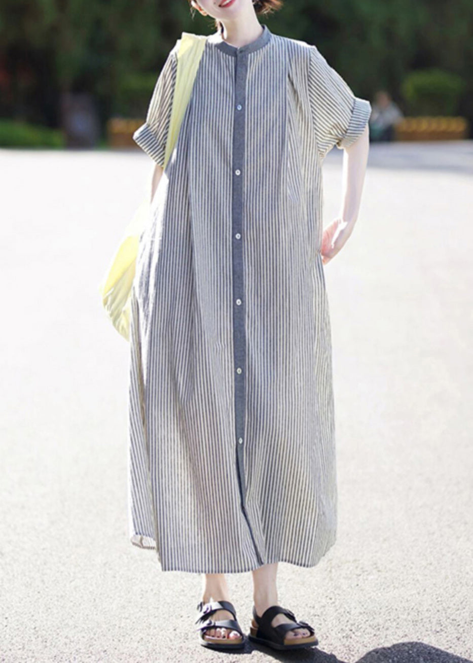 Stand Collar Button Cotton Shirts Striped Casual Dress Summer