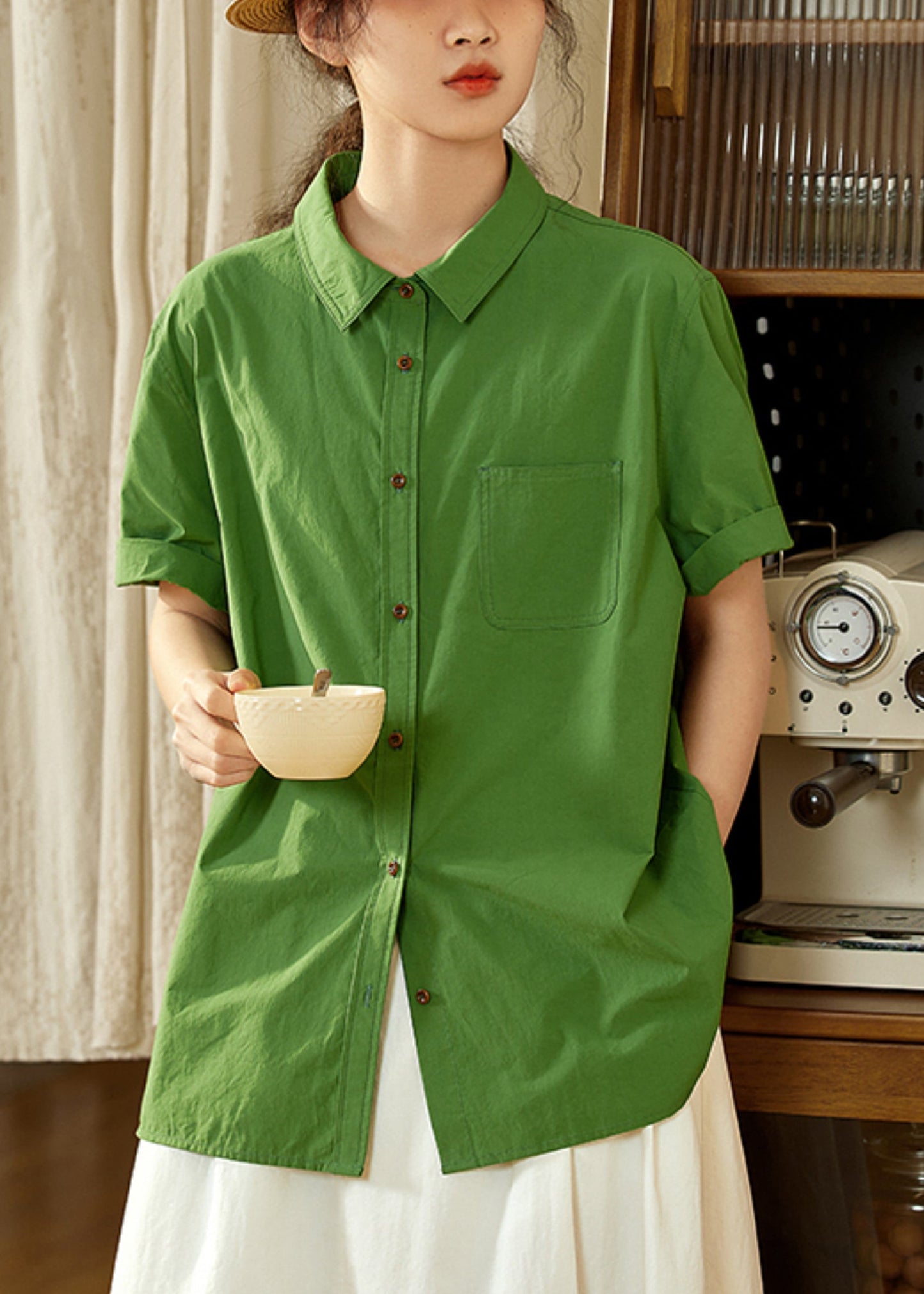 Tea Top Cotton Summer Oversized Green Casual