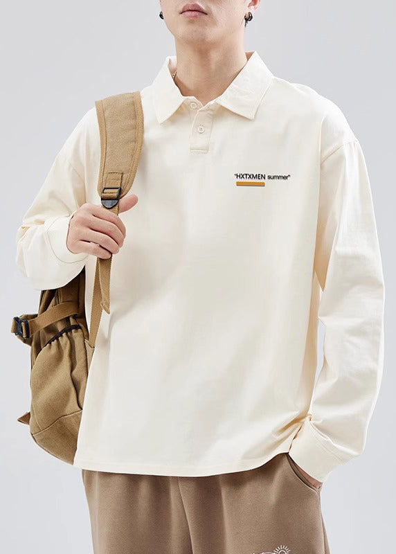 Mens Casual White Print Spring Polo Cotton Shirts Button TC019