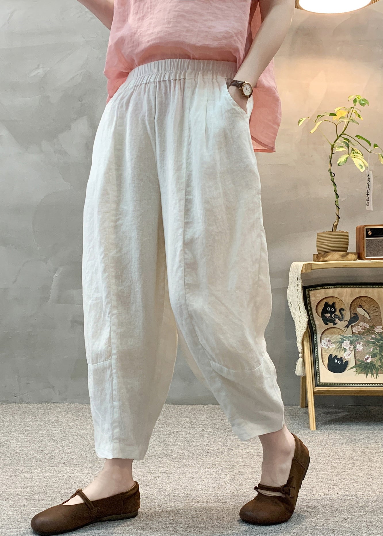 Pants Summer Waist White Linen Harem Casual Elastic