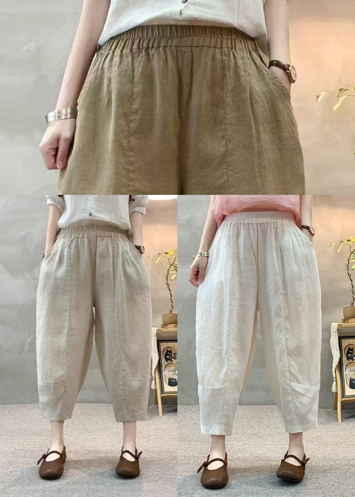 Pants Summer Waist White Linen Harem Casual Elastic