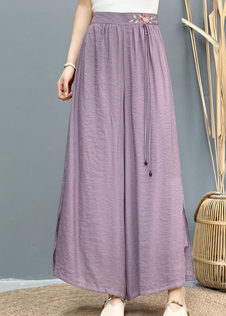 Wide Side Embroidered Summer Pants White Leg Linen Open Casual