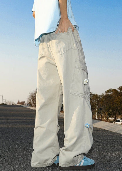 Casual Summer Pants Embroideried White Cotton Mens Pockets